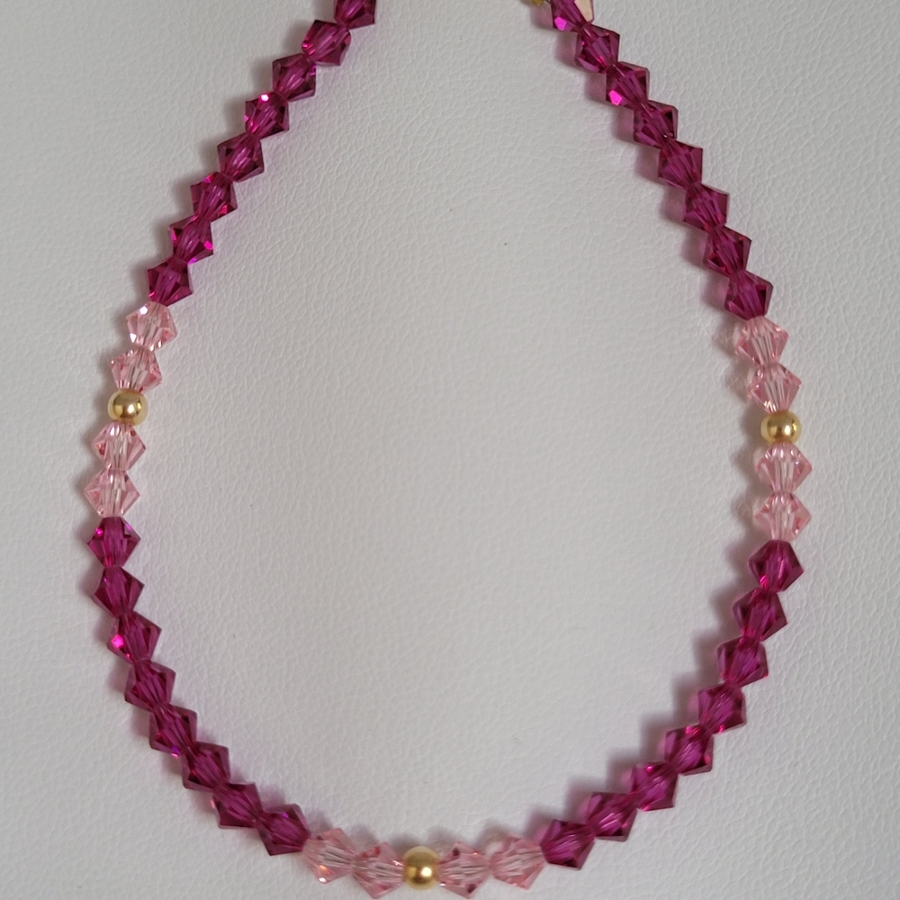 14k Gold Beads & Pink Crystal Bracelet, Approx 7.25" L.